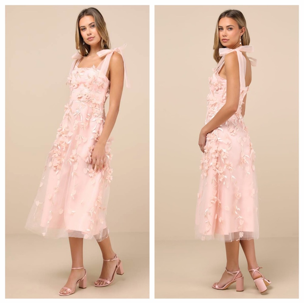 Lulu's Effortlessly Sweet Blush Tulle 3D Floral Tie-Strap Midi
Dress